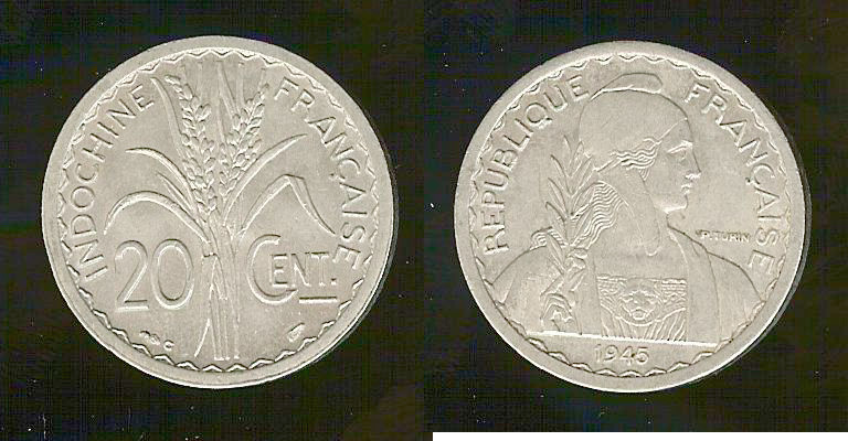French Indochina 20 centimes 1945C AU